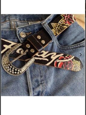 Ed Hardy Leather Belt Rose Studded Vintage Y2K 2000's Size M